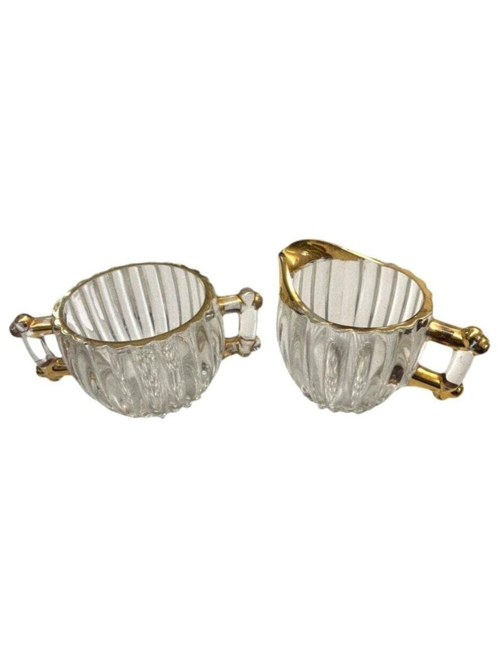 Vintage Glass Cream & Sugar Set With Gold Accents & Ribbed Design